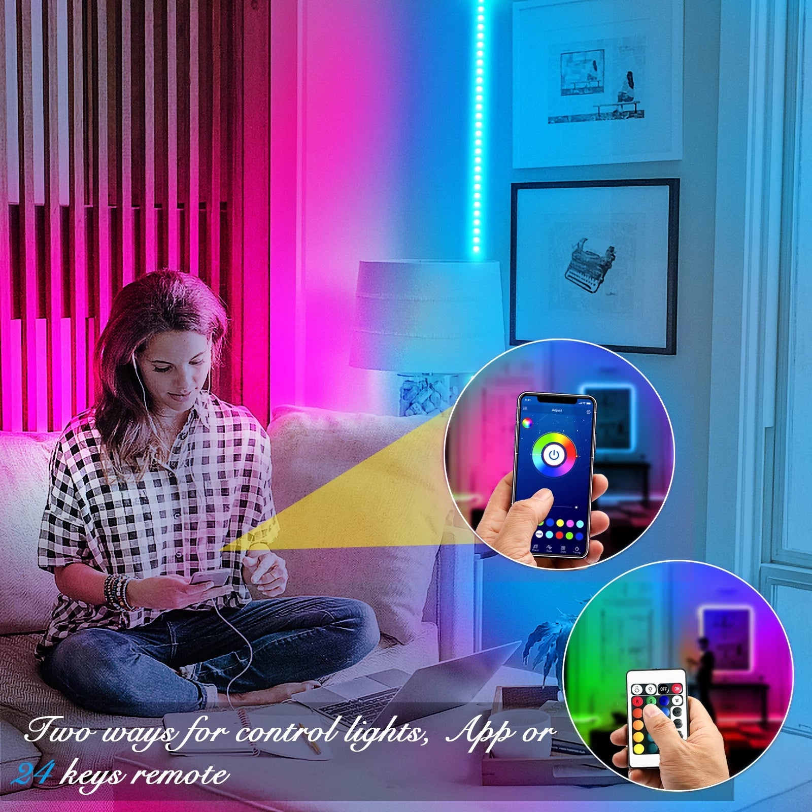 50FT LED Strip Lights - Music Sync, RGB Color Changing Lights with Bluetooth & Phone App Control