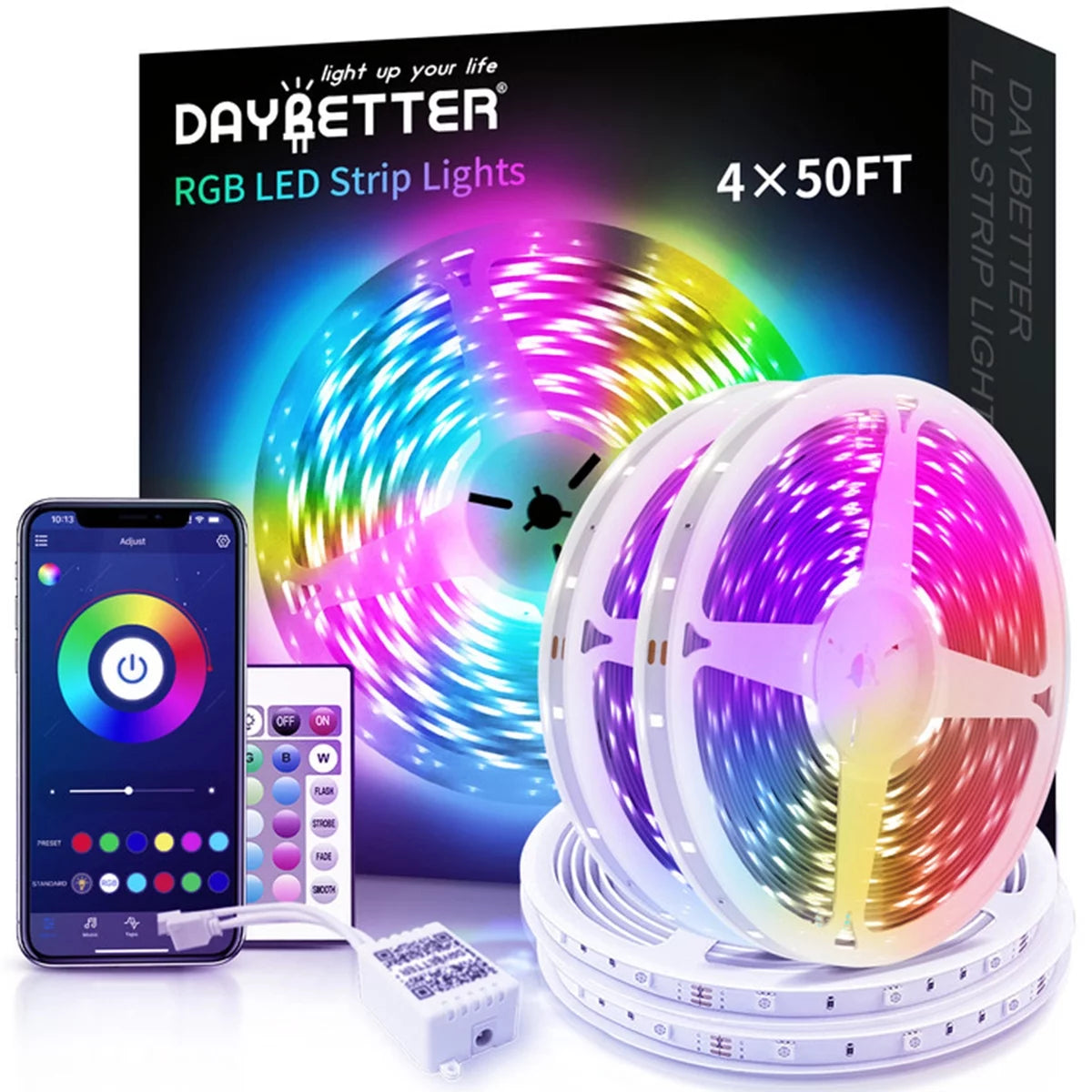 50FT LED Strip Lights - Music Sync, RGB Color Changing Lights with Bluetooth & Phone App Control