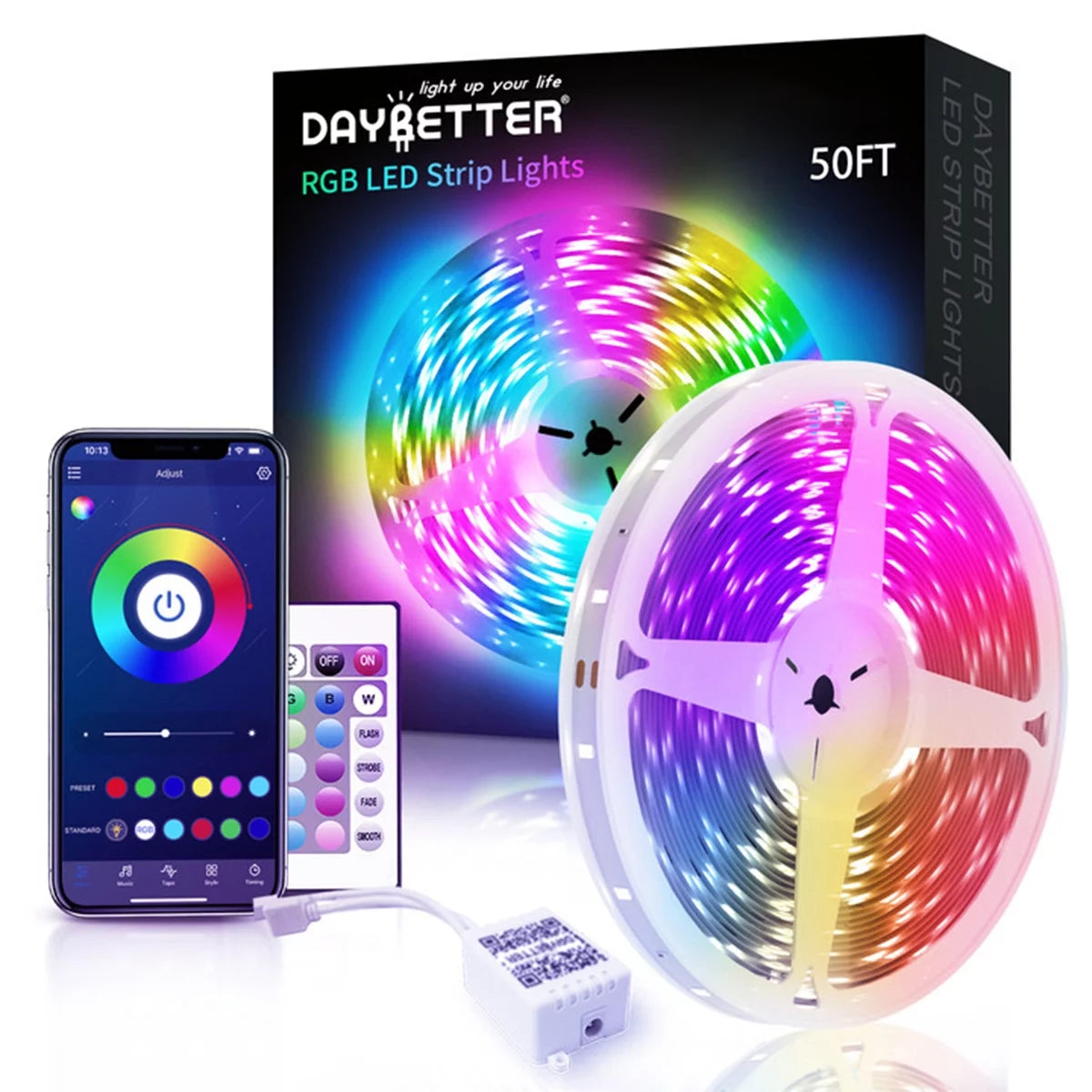 50FT LED Strip Lights - Music Sync, RGB Color Changing Lights with Bluetooth & Phone App Control